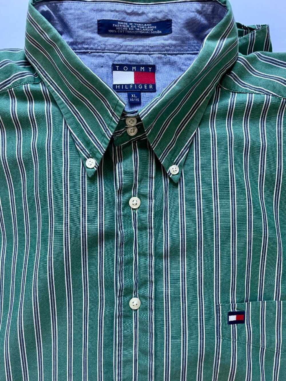 Vintage Tommy Hilfiger Shirt Mens L 90s Button Down Green White Striped